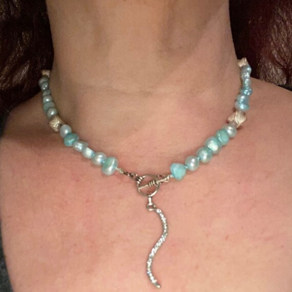Hand Crafted Pearl Necklace Aqua Blue Green Freshwater Tourmaline Quartz Silk - Picture 3 of 8